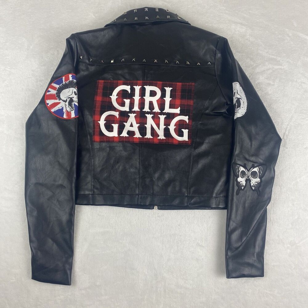 Spirit Halloween Girl Gang Punk Jacket Womens Small Black Faux Leather Full Zip